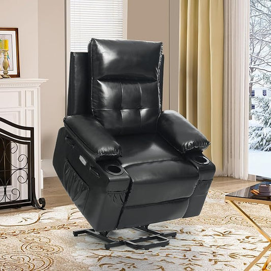 Power Lift Recliner Chair for Elderly with Massage &amp HeatPU LeatherElectric Recliner with USB PortsCup HoldersSide PocketsLift Chair for Living RoomBedroom