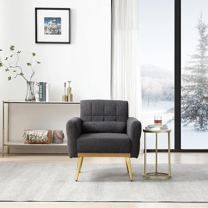 Modern Chair Lounge Chair Armchair Accent Living Room Chair with Tapered Metal Legs and Waist Pillow LoungeTeddy Fabric Gray