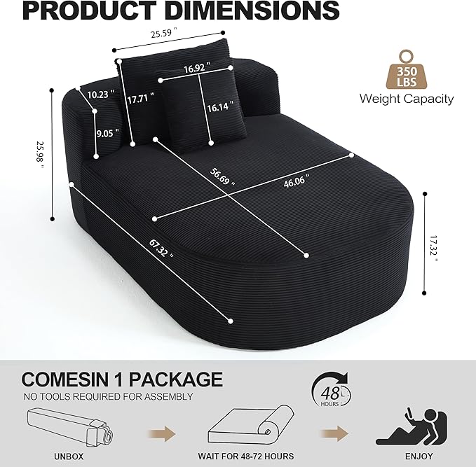 Boneless CouchComfy Fluffy Sofa BedUpholstered Sleeper Sofa with Throw Pillows and ArmrestsCorduroy Plush Cloud Lounge Chair (Black 67 Boneless Couch)