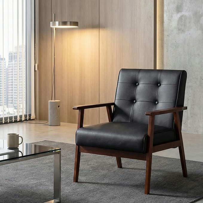 JIASTING Mid-Century Retro Modern Accent Chair Wooden Arm Upholstered Tufted Back Lounge Chairs Seat Size 24.4 18.3 (Deep) (Square Leg Black)