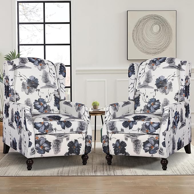 Set of 2 Wingback Recliner Chairs Mid-Century Modern Push-Back Manual Recliners for Adults Upholstered Floral Accent Chairs with Solid Wood Legs for Living Room &amp Bedroom Blue
