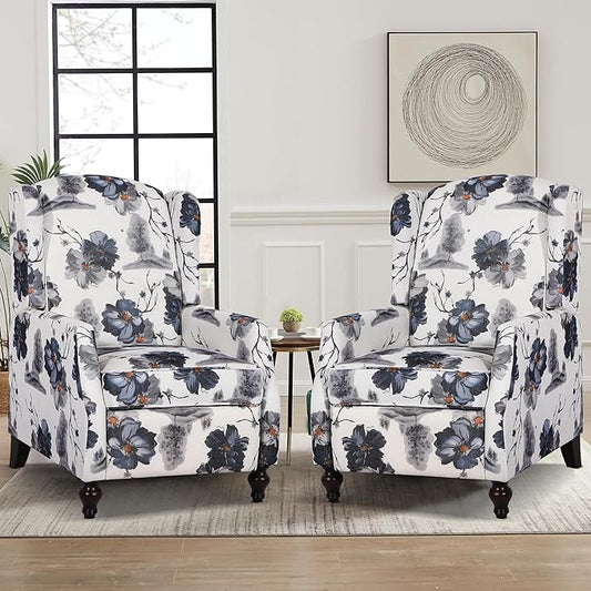 Set of 2 Wingback Recliner Chairs Mid-Century Modern Push-Back Manual Recliners for Adults Upholstered Floral Accent Chairs with Solid Wood Legs for Living Room &amp Bedroom Blue