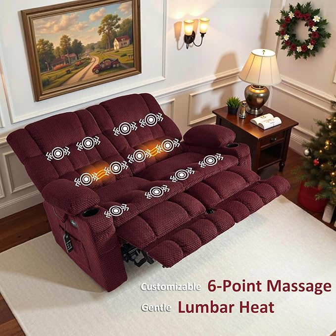MCombo 57 Power Loveseat Recliner Electric Reclining Loveseat Sofa with Heat and Vibration Cupholders USB Charge Ports for Living Room 6314 (Burgundy Loveseat)