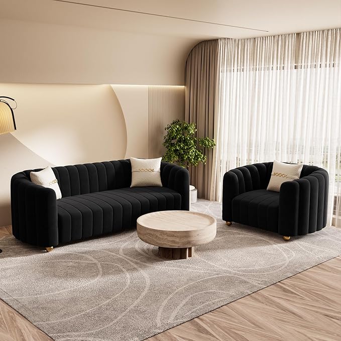 Modern Black Velvet Sofa Chair for Living Room 42 Single Sofa with Gold Metal Sphere Legs (Black 1S)