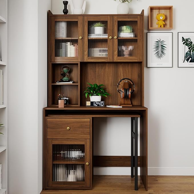 Home Office Computer Desk with 90 Degree Rotating Retractable Desktop L Shaped Corner Executive Desk with Bookshelf | Hutch | Drawer | Storage Shelves Wood Table for Work Study Writing Walnut
