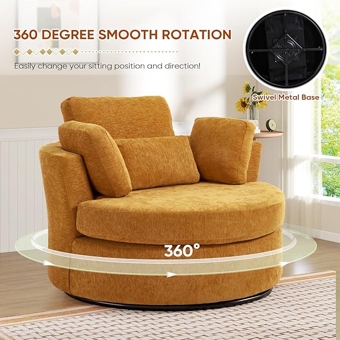 Oversized Swivel Accent Barrel Chair Set of 2 Chenille Upholstered Comfy Round Swivel Chair with Pillows 360 Degree Modern Lounge Reading Sofa Armchair for Nursery Living Room Bedroom(Yellow)