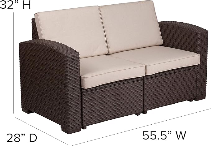 Flash Furniture Seneca Chocolate Brown Faux Rattan Loveseat with All-Weather Beige Cushions