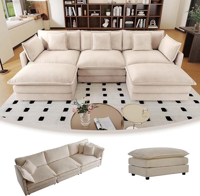 111.5 Chenille Modular Sectional Sofa Comfy Cloud Couch Sectional Sofa Modern 3 Seat Couch Deep Seat Sofa for Living Room Bedroom Apartment (Light Coffee 111.5Inch-U Shape)