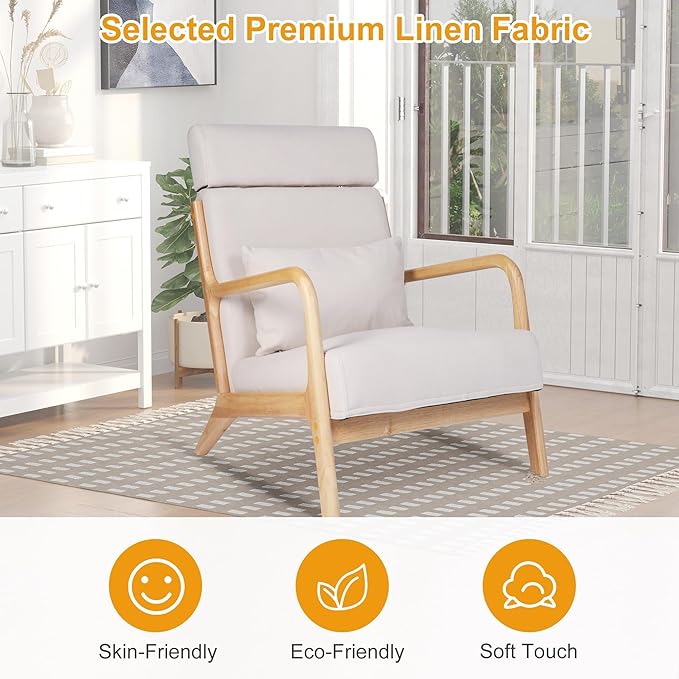 Mid Century Modern Accent Chair with High BackrestLiving Room Chair with Solid Wood FrameUpholstered Reading Armchair for BedroomBeige