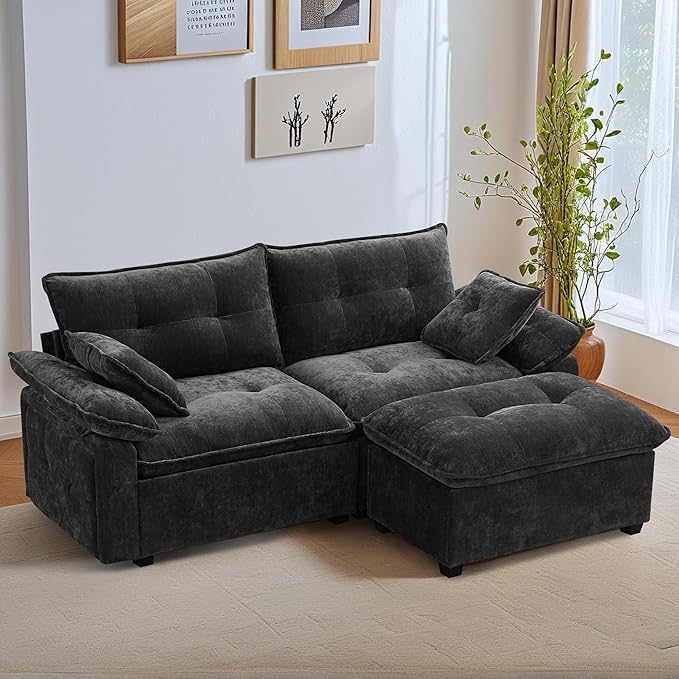 Modular Loveseat Sofa with Ottoman 81.5'' Deep Seat 2-Seater Chenille Couch Comfy L Shaped Convertible Small Sofa for Apartment Living Room Office Soft FabricLoveseat Sofa (Charcoal)