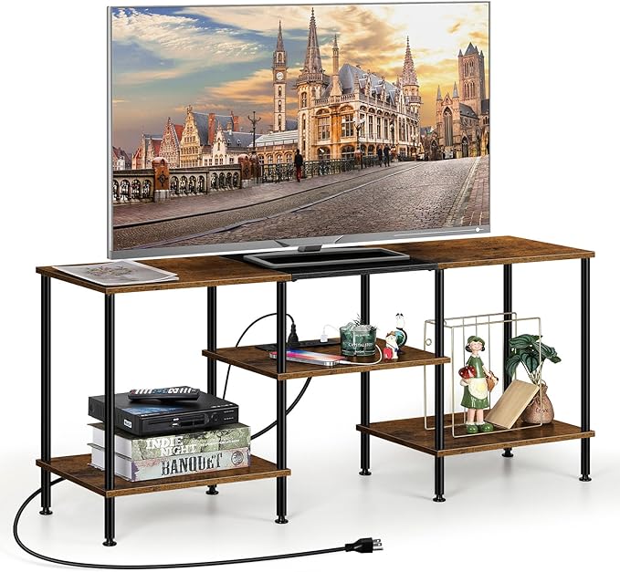 OYEAL Small TV Stand for Bedroom up to 50 inch Farmhouse TV Media Entertainment Center with Power Outlets &amp Storage Shelf Rustic TV Console Table for Living Room Rustic Brown