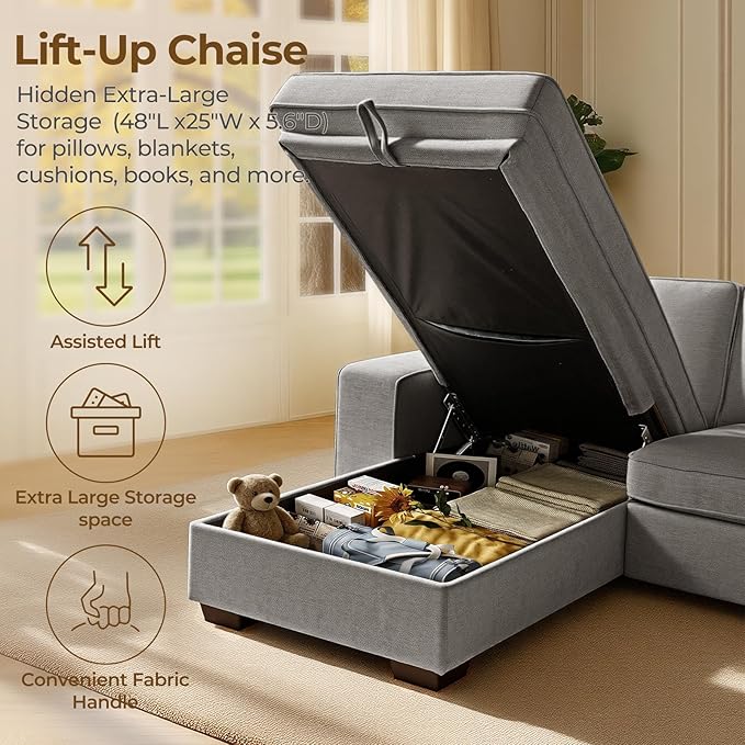 99 Sectional Sleeper Sofa Couch Chenille Convertible Chaise 3 Seats L-Shaped Sofa with 110L Storage Deep SeatWide ArmrestUSB Type-C ChargingRemovable Covers for Living Room Light Grey