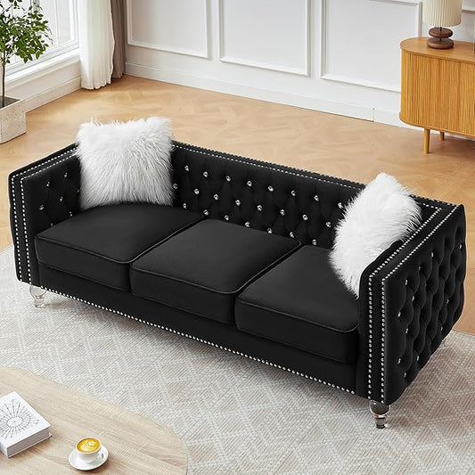 83 Chesterfield Sofa Velvet Mid-Century Modern Upholstered Couch with 2 Throw Pillows and Acrylic Legs Nailhead Button Tufted Vintage Sofa for Living Room Apartment Office Black