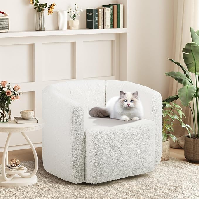 Giantex 360° Swivel Accent Chair - Sherpa Upholstered Boucle Barrel Club Chair with Padded Armrests Modern Round Arm Chair for Reading Living Room Bedroom Office White Teddy