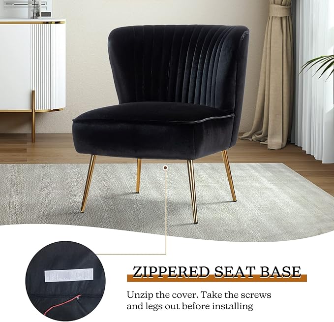 HULALA HOME Velvet Accent Chair Modern Upholstered Cute Side Chair with Gold Metal Legs Armless Wingback Slipper Chair Comfy Living Room Chair for Bedroom Guest Room VanityBlack