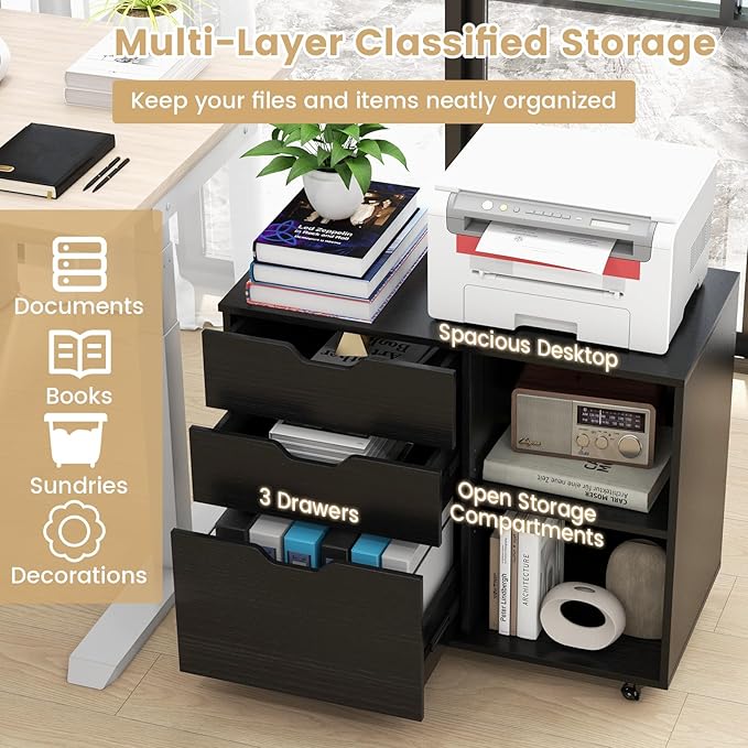 3 Drawer File Cabinet Wood Lateral Filing Cabinet for Hanging Letter A4 Legal Size Rolling Printer Stand with Adjustable Shelf Under Desk Storage for Home Office (Black)