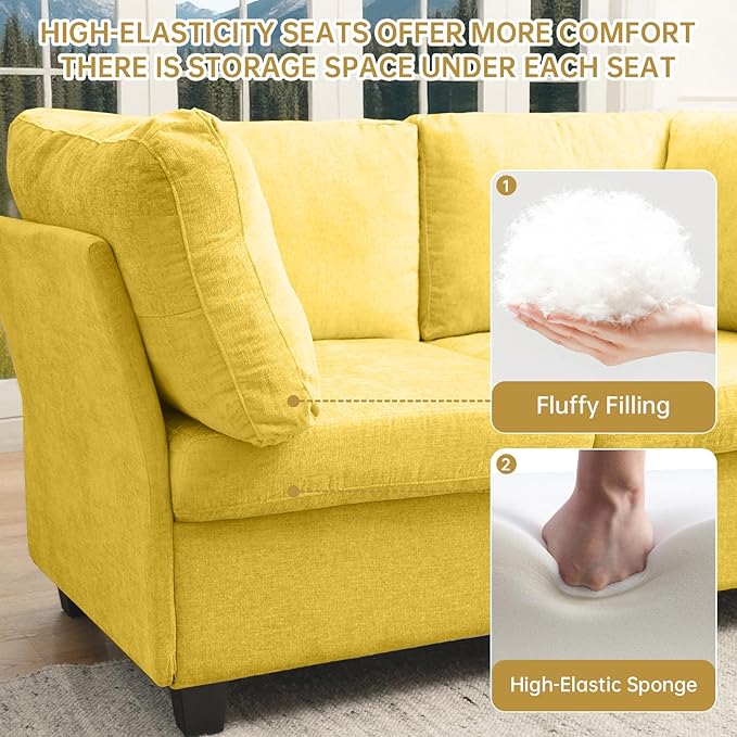 Modern Sofa Modular sectional Cloud Couch with 2 Ottomans 6-seat Chenille deep-seat with Storage and 6 Pillows for Living Rooms bedrooms and Apartments (Yellow 2Seater+2Ottoman)