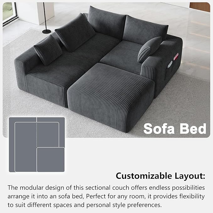 108 Cloud Couch Modular Sectional Sofa for Living RoomL Shaped Boneless Couch with Deep Seat ChaiseNo Assembly Required Foam Sleeper Sofa for ApartmentsPlush Corduroy Fabric Dark Gray