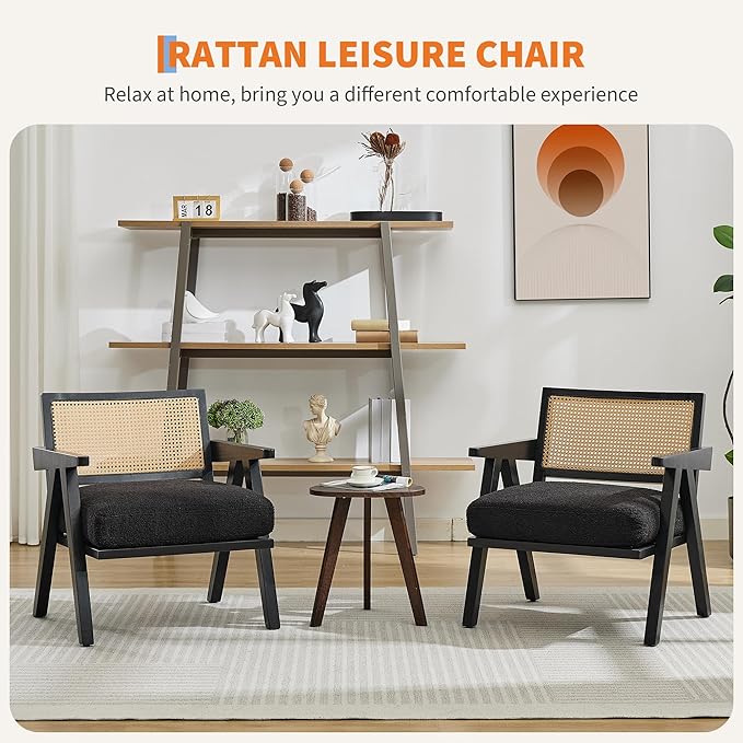 Mid Century Modern Accent Chair Comfy Living Room Chairs with Sturdy Wood Legs Rattan Backrest &amp Beige Thick Linen Cushion Armchair for Bedroom Balcony Apartment Black