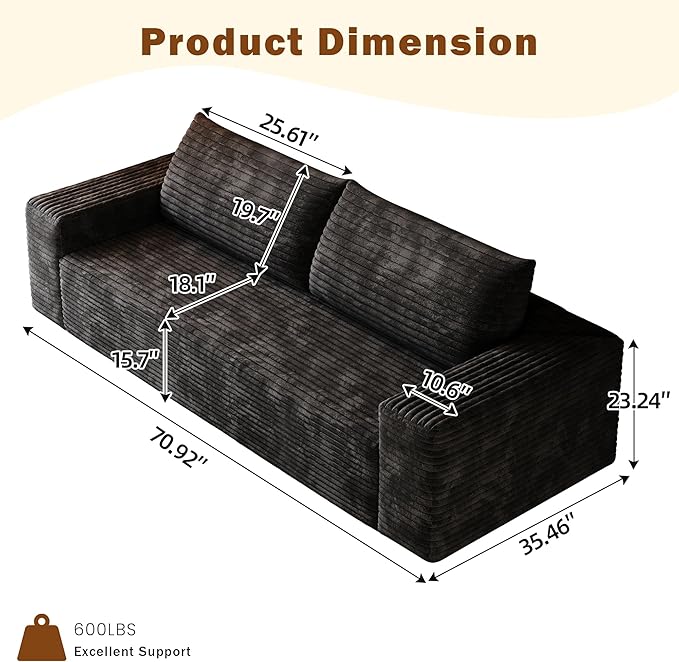 71 W Corduroy Boneless Couch 3-Seater Compression Sofa with Deep Seat No Assembly Required Comfy Loveseat Sofa with 2 Pillows Sofa Couches for Living Room/Apartment (Black 71 inch) | Breathable