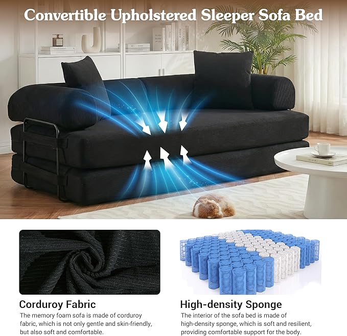 78.5'' Convertible Folding Sofa Bed 5-in-1 Modular Floor Couch Corduroy Small Cloud Couch Compressed Foldable Sleeper Sofa King Size Futon for Bedroom Guest Room (Black)