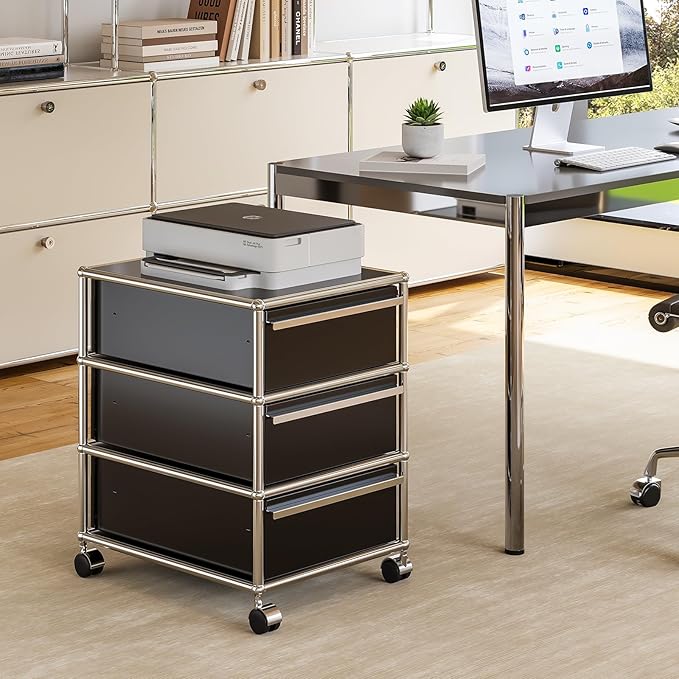 Steel Mobile File Cabinet for Office &amp Home with 360° Silent Wheels Smooth Drawer Slides Large Capacity Waterproof and Rust-Proof Stylish &amp Durable Storage Cabinet (3 Drawer Black)