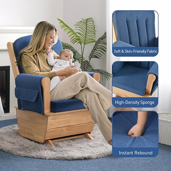 Stylish Modern Glider RockerSolid Wood Glider Gentle Rocking Chair with Padded Cushion Water Oil Resistant Fabric Applicable to ReadWatchSleep Blue