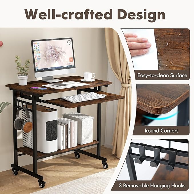 LDAILY Moccha Rolling Computer Desk Mobile Computer Desk with Keyboard Tray Portable Laptop PC Desk Open PC Stand 3 Earphone Hooks Wooden Computer Cart for Office Home