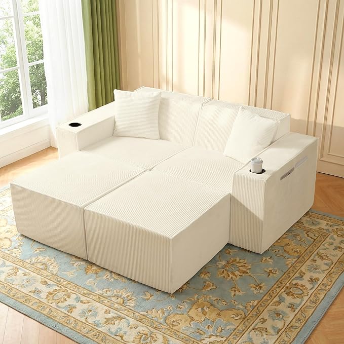 Cloud Modular Sectional CouchBoneless Corduroy Sofa for Living RoomU Shaped Sofa with OttomanDeep SeatNo Assembly Required (White Sofa Bed)