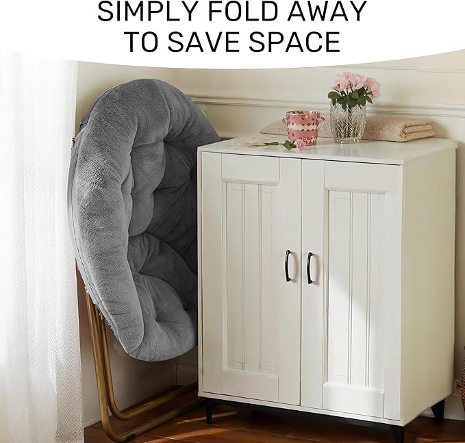 YSSOA Saucer Chair Comfy Faux Fur Chair for Bedroom Saucer Chairs for Adults Teens Round Shaped Moon Chair with Foldable Metal Frame Grey
