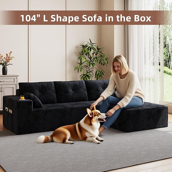 109 Boneless Couches for Living Room Modular Sectional Sofa with Oversized Chaise L-Shape Cloud Couch with Deep Seat (Black Right Facing Chaise)