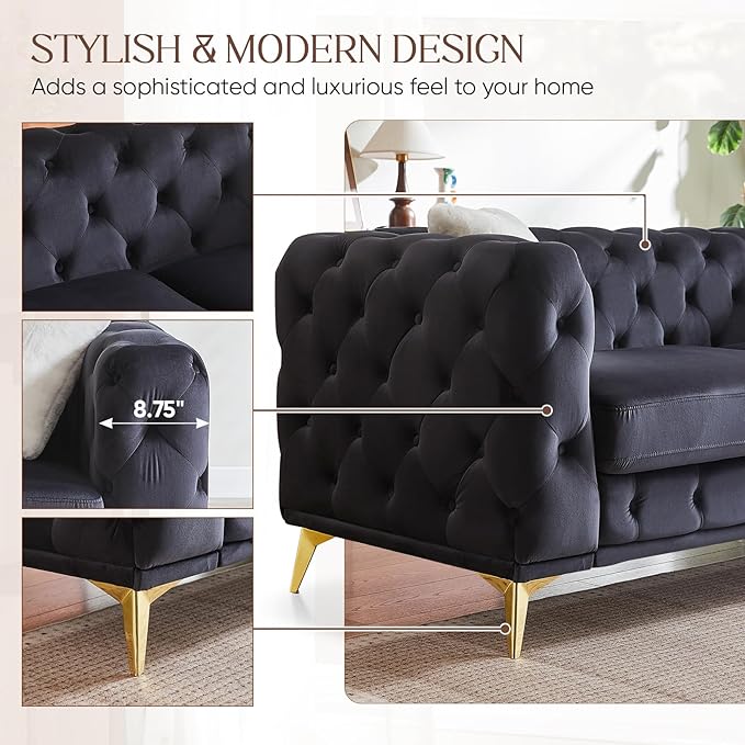 Mid Century Modern Couch82W Luxury Upholstered Velvet Oversized Loveseat Couch with Button Tufted &amp Gold Legs Deep Seat Comfy Chesterfield Sofa for Living Room Bedroom Office(3 Seater Black)