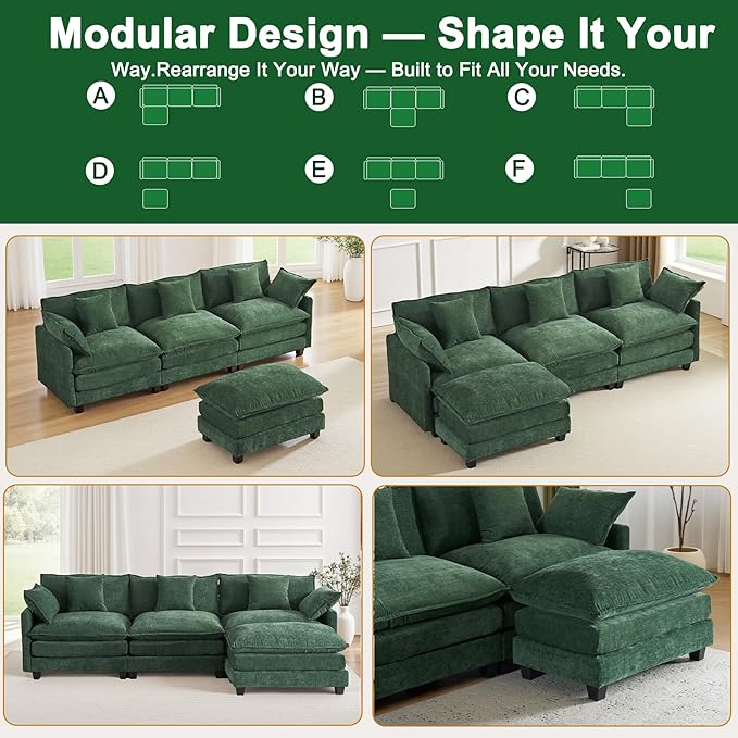 111.4 L-Shaped Cloud Chenille Sofa Sectional Couch with Reversible Chaise Flexible 3+1 Layout for Large Spaces Deep Seat and Free Pillows Included