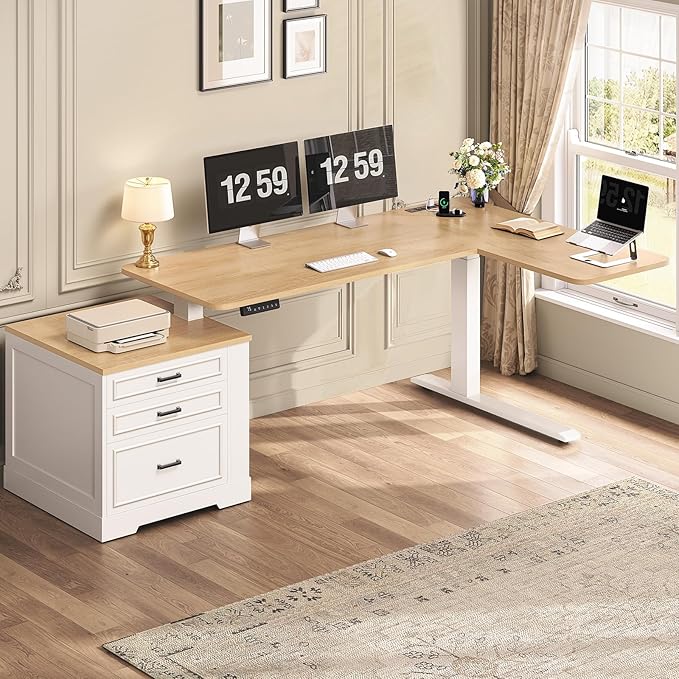 SEDETA Farmhouse L Shaped Electric Standing Desk 70.9 x 39.4 Height Adjustable Office Executive Desk with 3 Drawers Standing Computer Desks with Power Outlet for Home Office Oak