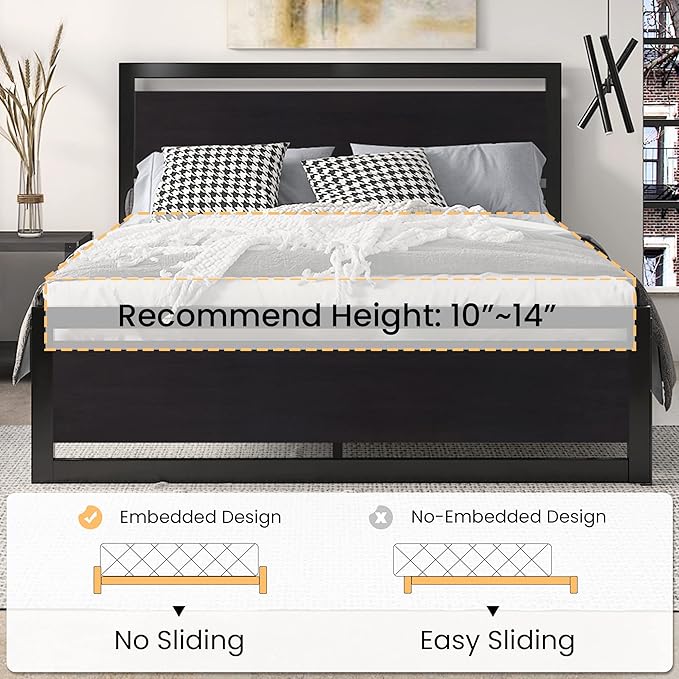 SHA CERLIN Full Size Bed Frame with Modern Headboard Heavy Duty Platform Metal Base with Square Footboard and 13 Strong Slats Support No Box Spring Needed Black