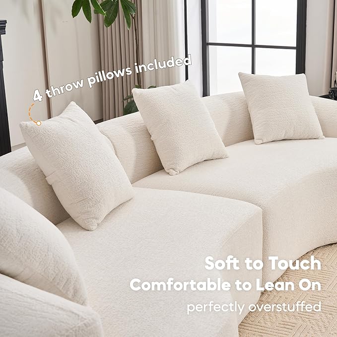 Yoglad 110‘’ Boneless Curved Sofa Modern Cloud 4-Seater Floor Couch Minimalist Compression Sofa for Living Room Apartment Studio Office No Assembly Needed(Chenille Beige White)