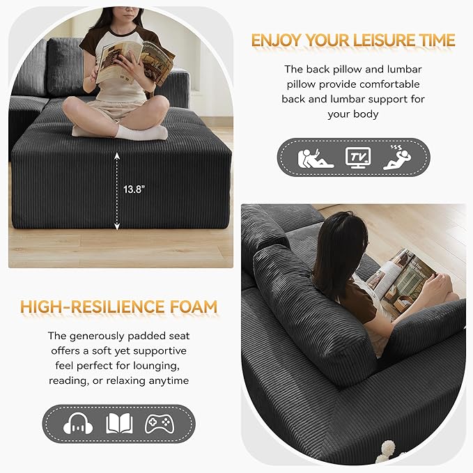 115'' Comfy Boneless Couch Upholstered Deep Seat Modular Cloud Sofa No Assembly Corduroy Compression 3 Seater Sofa Couch for Living Room Grey