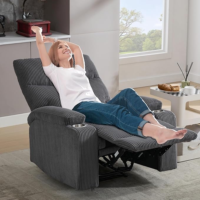 Manual Recliner Chair with Pull Ring 3 Position 140° Reclining Sofa for Living Room Nursery RV and OfficeOversized Recliner Chairs for Adults(Grey Corduroy Fabric)