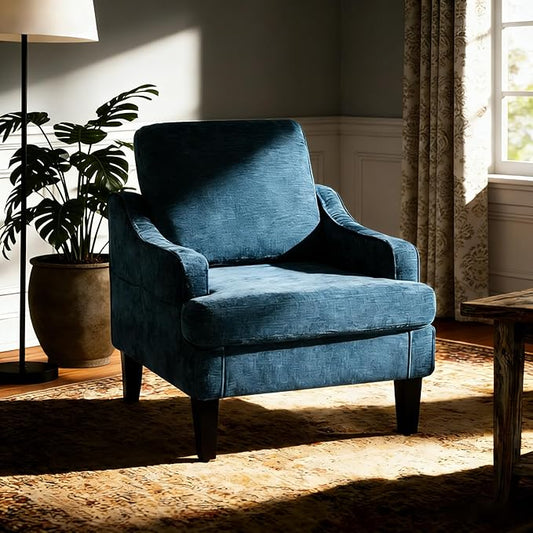 Accent Chair for Living Room Upholstered Chair with Side Pockets Comfy Living Room Accent Chairs for Bedroom Mid Century Modern Armchair for Office Apartment Waiting Room Club (Blue)