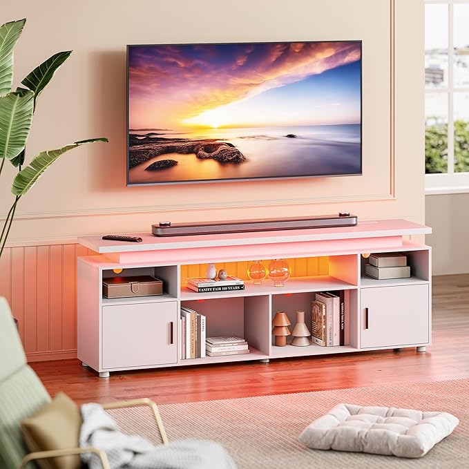 SUNCOZE TV Stand Entertainment Center with LED Lights and Cabinet for 70/75/80 Inch Modern TV Console Gaming Media Television Stands with Power Outlets for PS5 in Living Room and Bedroom White