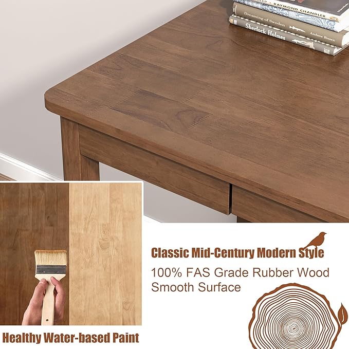 Solid Wood Desk with Keyboard Tray - 48 Inch Mid Century Modern Writing Desk Computer Desks with Keyboard Tray Simple Study Table Home Office Desks for Bedroom|Small Spaces-Walnut Color