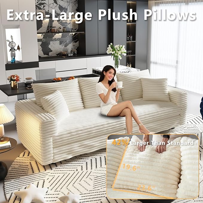 82.7'' Oversized Corduroy Couch Modular Sectional Sofa with 3 Ottomans Sleeper Sofa Bed Full Size Upholstered 3 Deep Seat L Shape Sofa Convertible Cloud Couches for Living Room Beige