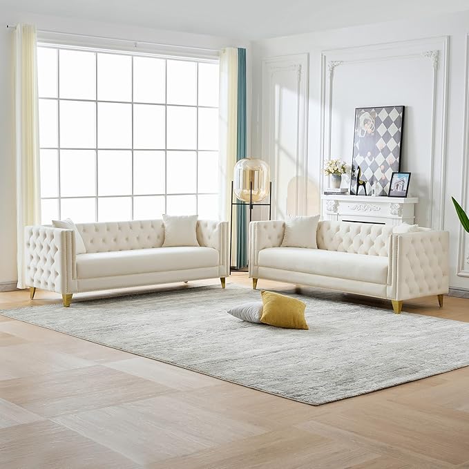 DEINPPA 2 Piece Chesterfield Couch Sets Velvet 3 Seater Sofa Set with Throw Pillows Comfy Couch with Nailhead Trim and Metal Legs for Living Room/Apartment/Office-Beige
