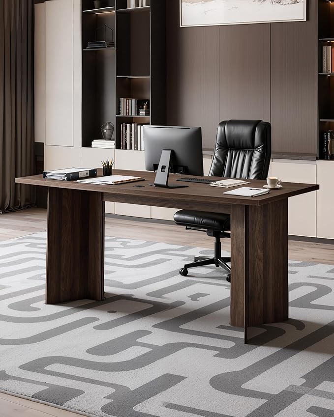 VEVOR 63 in Executive Desk Large Modern Rectangle Office Table Heavy Duty Wooden Executive Table with Cable Connection Hole 250 LBS Load Capacity Easy Assembly for Work Study Writing Walnut
