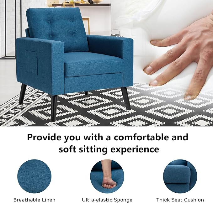 Giantex Modern Accent Chair Mid-Century Upholstered Armchair Club Chair with Rubber Wood Legs Patented Linen Fabric Single Sofa for Living Room Bedroom Office Navy