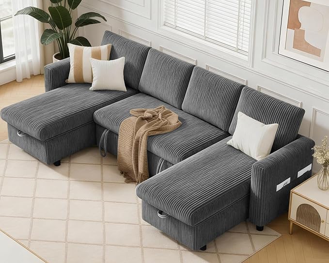 WEUP 106 U Shaped Sectional Sleeper Sofa Bed with Pull Out Bed Sectional Sleeper Couch Pull Out Couch with Reclining Backrest/Reversible Storage Chaise/USB Ports/Tool-Free Assembly Corduroy Grey