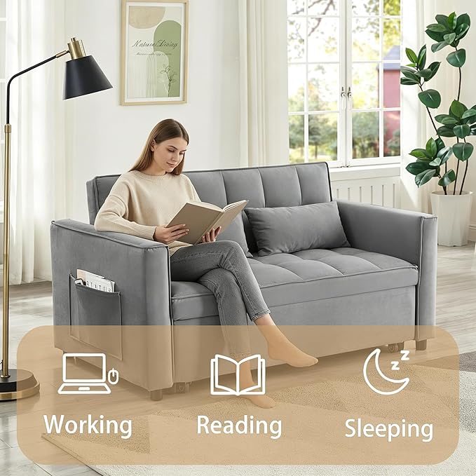 70 3-in-1 Velvet Sleeper Sofa Bed Convertible Pull Out Couch w/Adjustable Back Armrests &amp Storage. Modern Black Futon for Living Room Bedroom Small Space - 2 Pillows Included Grey