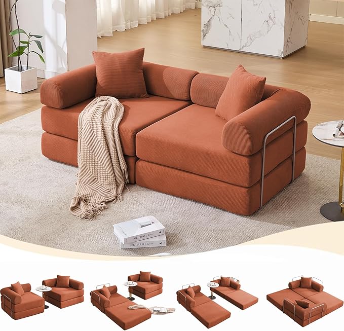 Convertible Modular Couch Sofa Bed 4 in 1 Sleeper Floor Sofa with Folding Mattress Corduroy Fold Out Boneless Couch Bed with 2 Pillows Comfy Foldable Lounge for Living Room Bedroom Orange