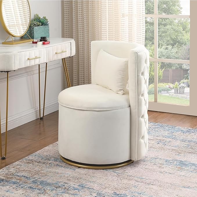 Swivel Barrel Chair 360° Swivel Vantiy Chair with Storage Modern Small Round Swivel Chair Velvet Curved Chair Accent Chair for Living Room Bedroom (Beige-Round)