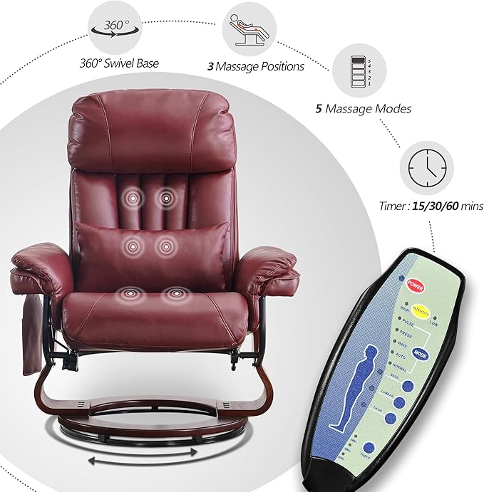 MCombo Swivel Recliner with Ottoman Faux Leather TV Chair with Vibration Massage Ideal for RV Small Space Living Room &amp Bedroom 4999 (Faux Leather Burgundy)